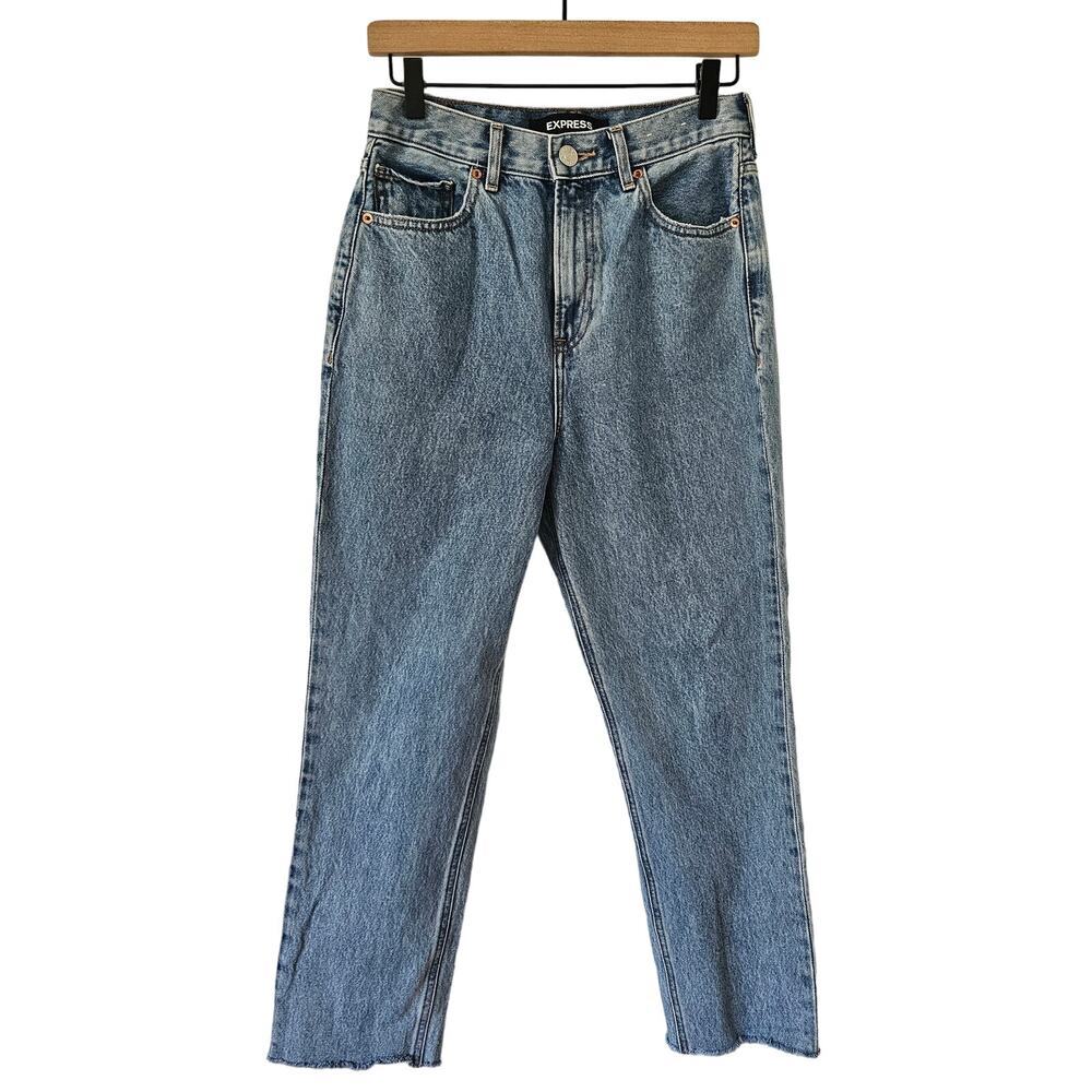Express Super High Rise Mom Jeans Women's 2 Raw Hem Straigh Leg